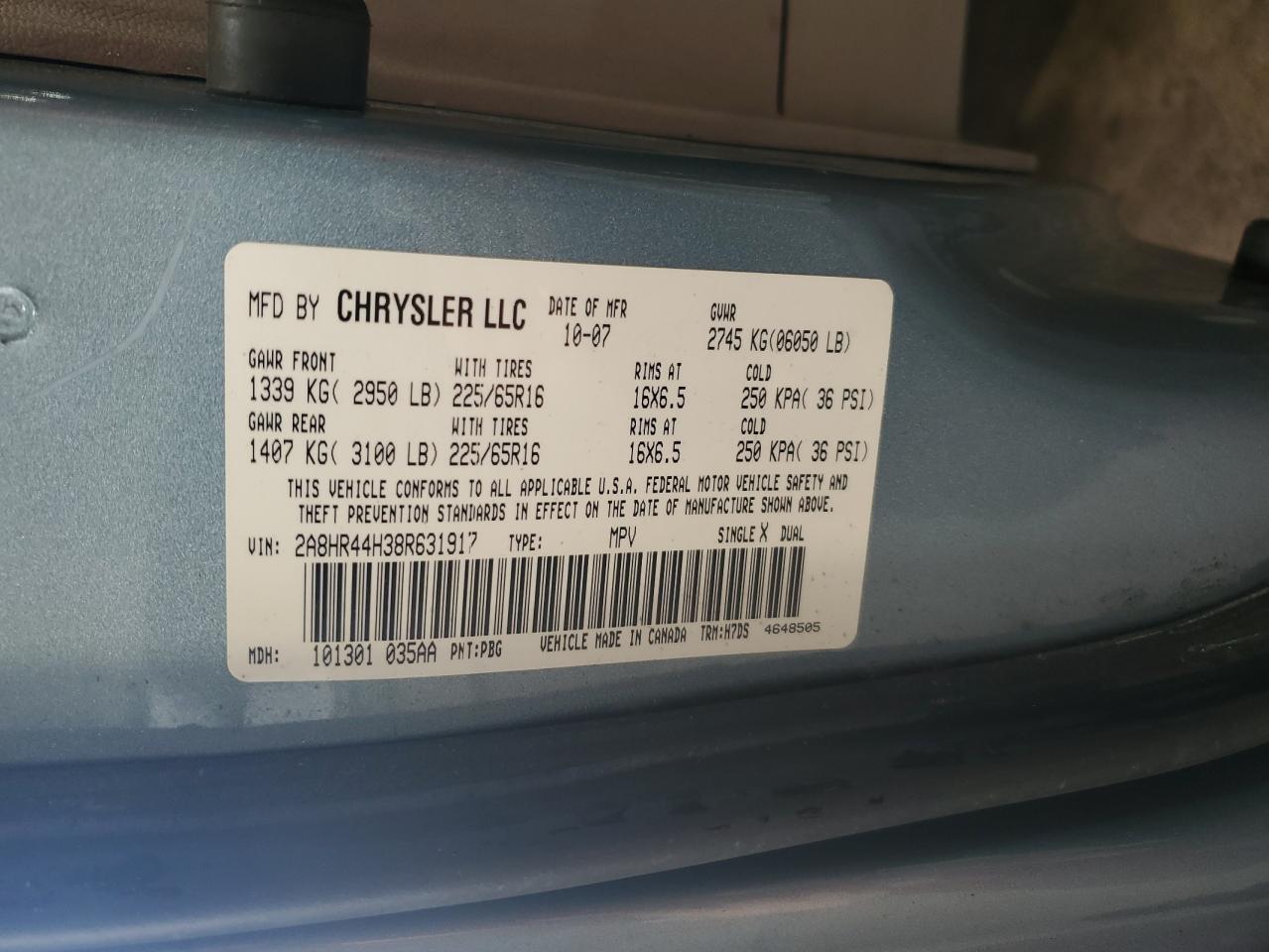 2008 Chrysler Town & Country Lx VIN: 2A8HR44H38R631917 Lot: 84237965