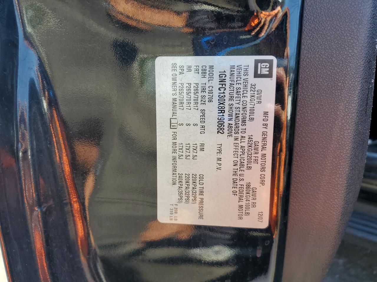 2008 Chevrolet Tahoe C1500 VIN: 1GNFC130X8R190682 Lot: 80030435