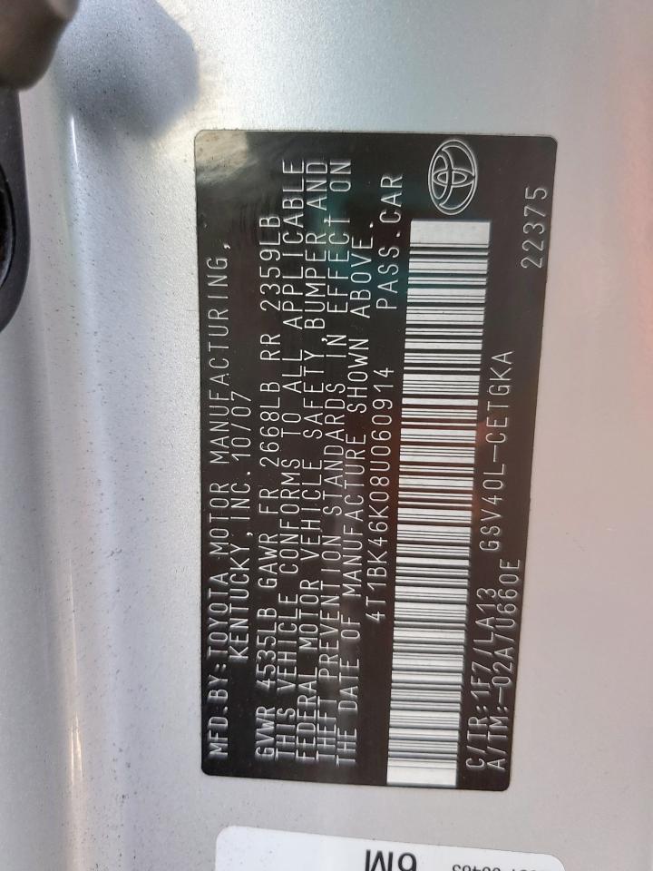 2008 Toyota Camry Le VIN: 4T1BK46K08U060914 Lot: 84378075