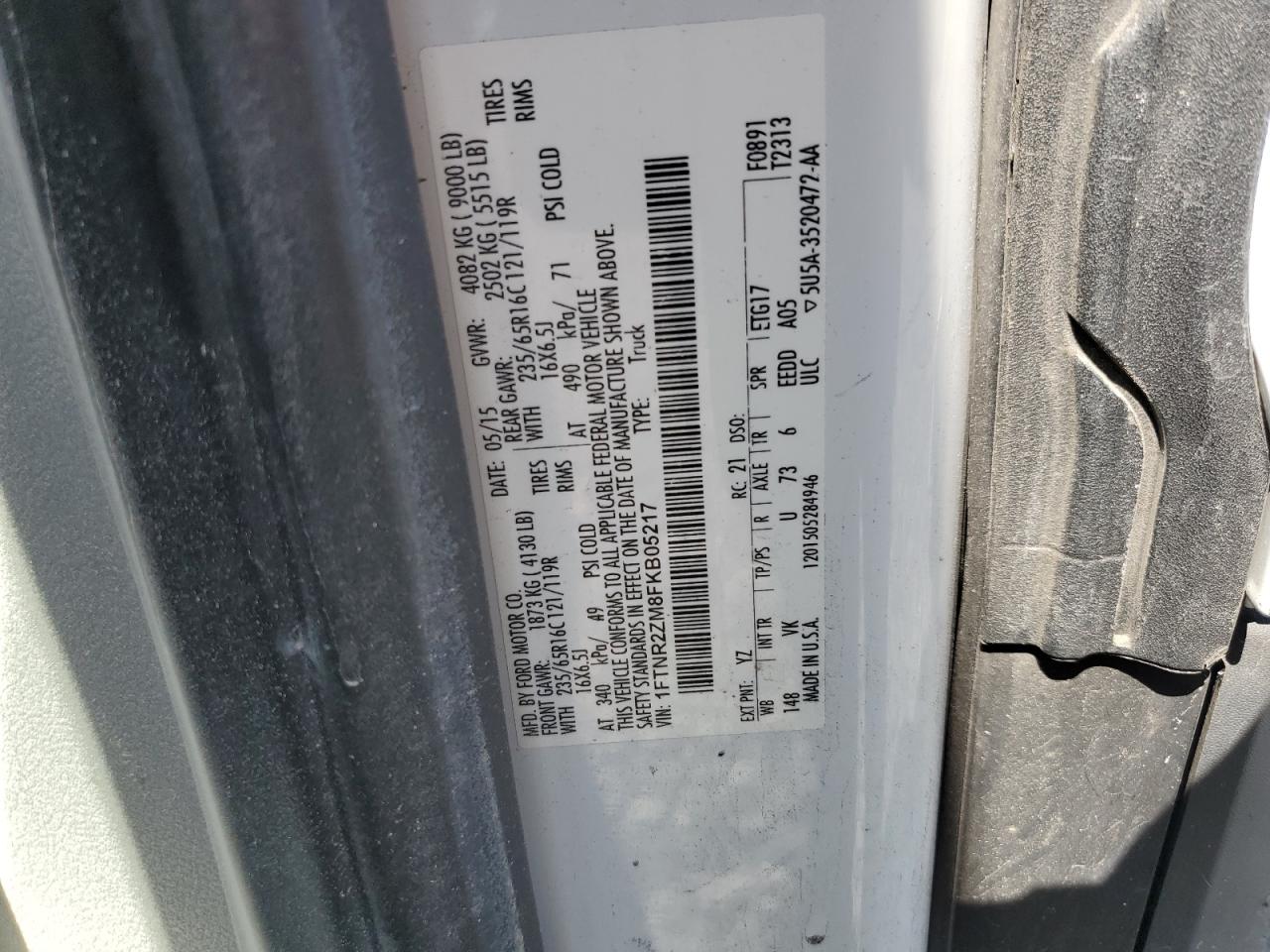 2015 Ford Transit T-250 VIN: 1FTNR2ZM8FKB05217 Lot: 85060725