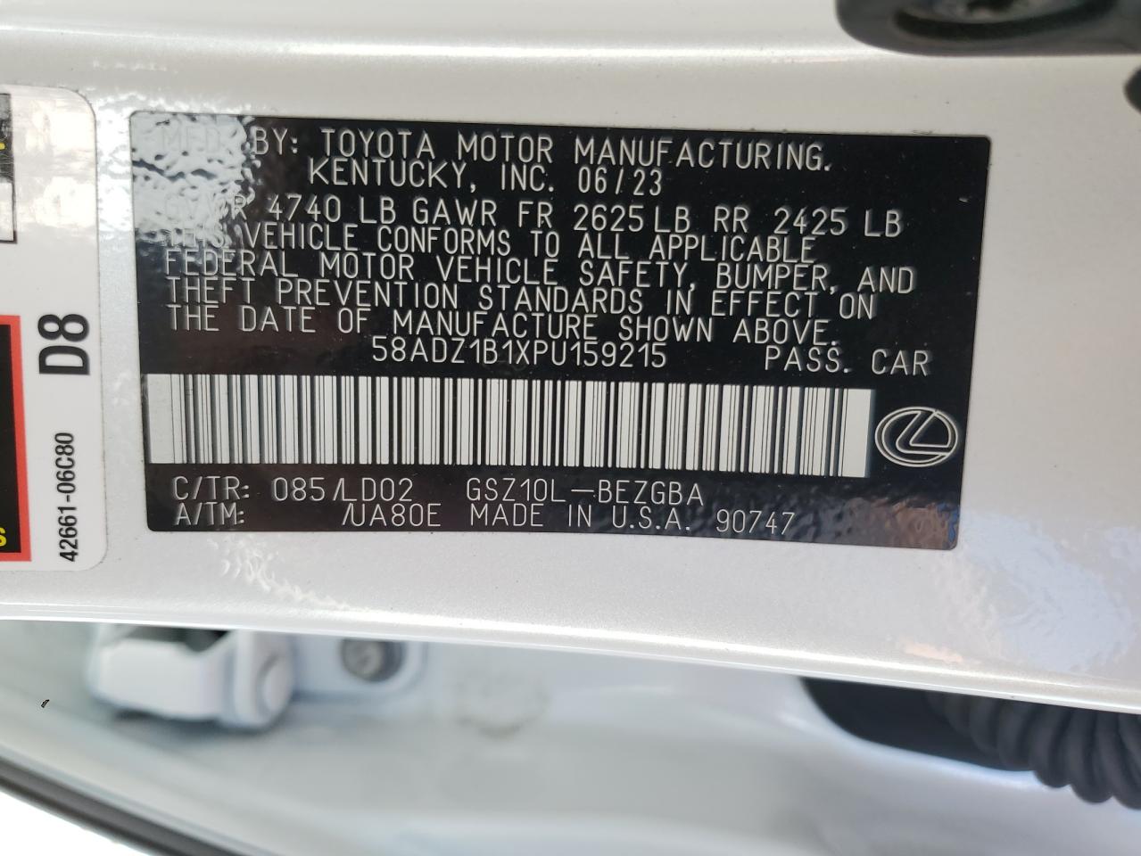 2023 Lexus Es 350 Base VIN: 58ADZ1B1XPU159215 Lot: 71929035