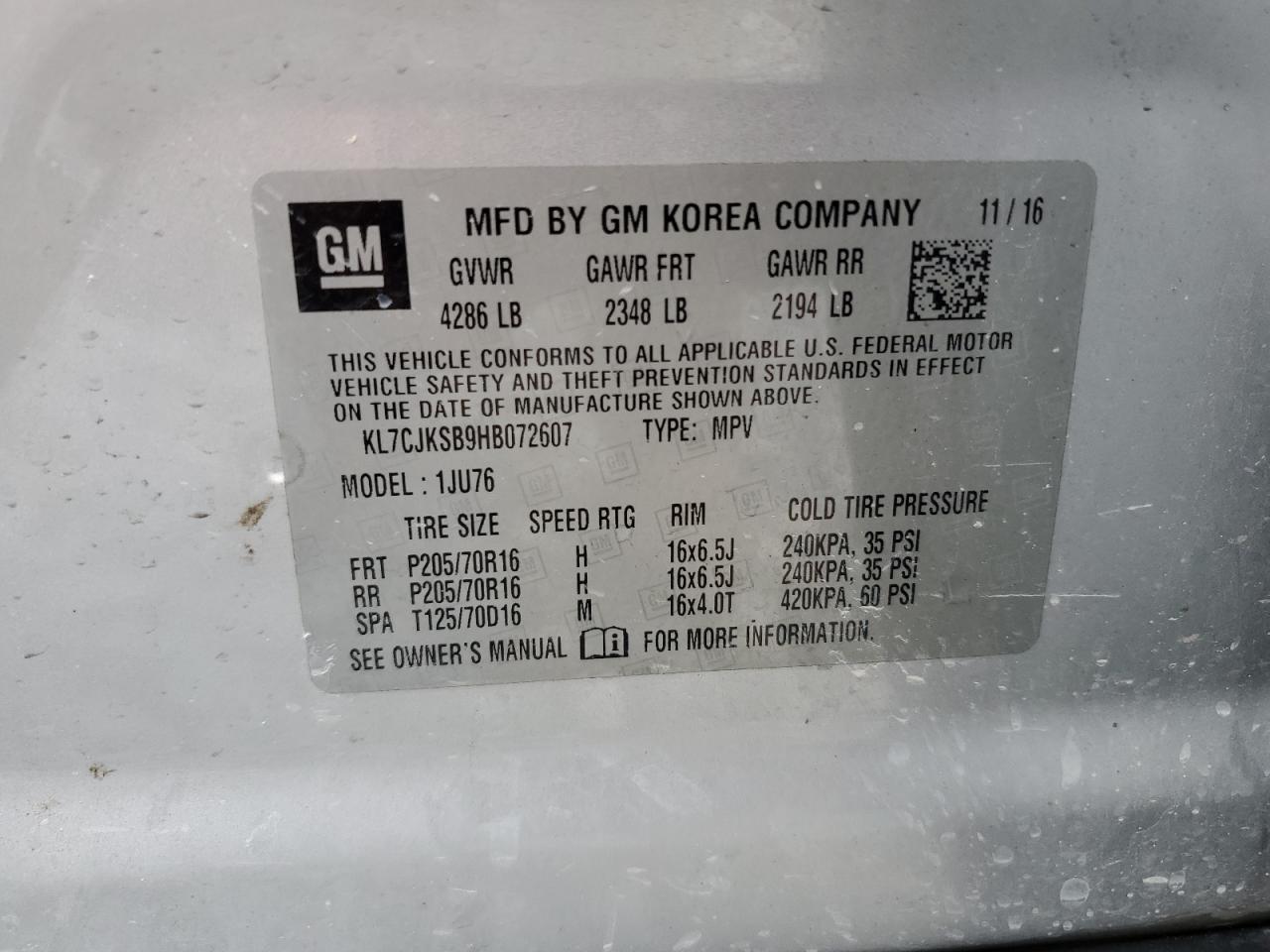 2017 Chevrolet Trax Ls VIN: KL7CJKSB9HB072607 Lot: 80259455