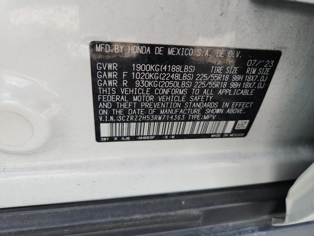 2024 Honda Hr-V Sport VIN: 3CZRZ2H53RM714363 Lot: 80121235