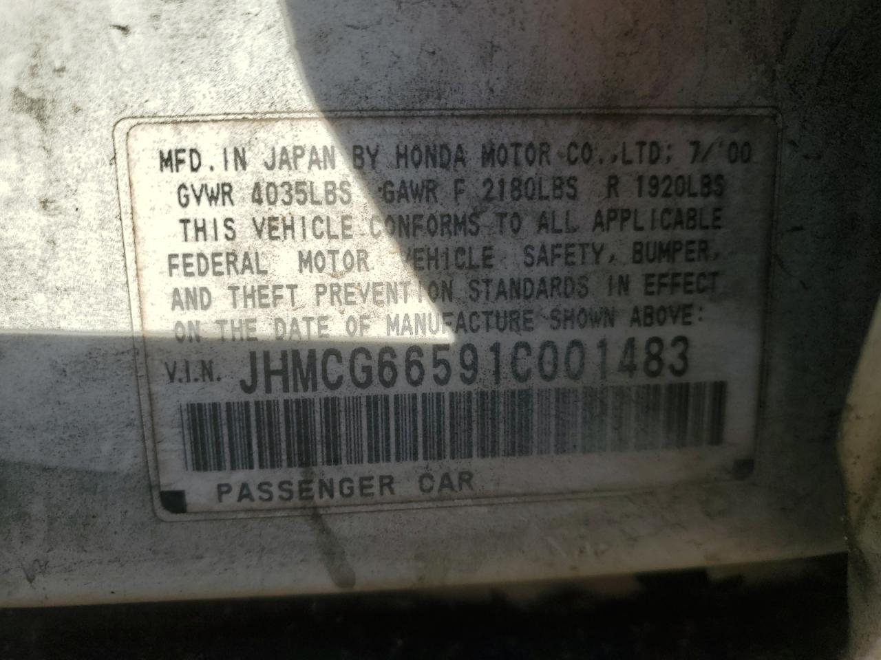 2001 Honda Accord Lx VIN: JHMCG66591C001483 Lot: 81640635