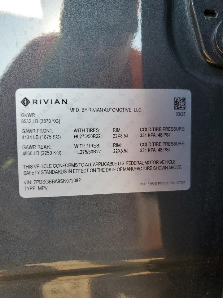 2025 Rivian R1S Adventure VIN: 7PDSGBBA9SN072092 Lot: 80820465