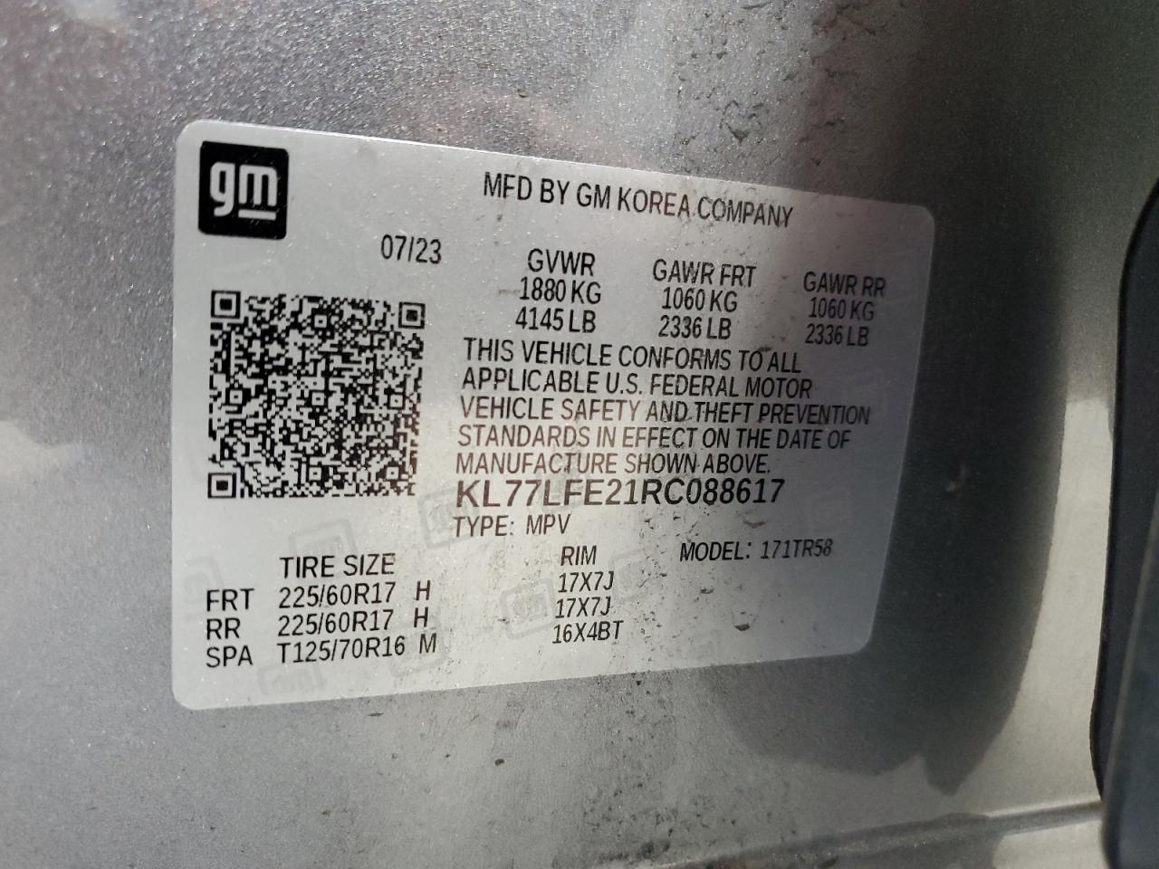 2024 Chevrolet Trax Ls VIN: KL77LFE21RC088617 Lot: 71820555