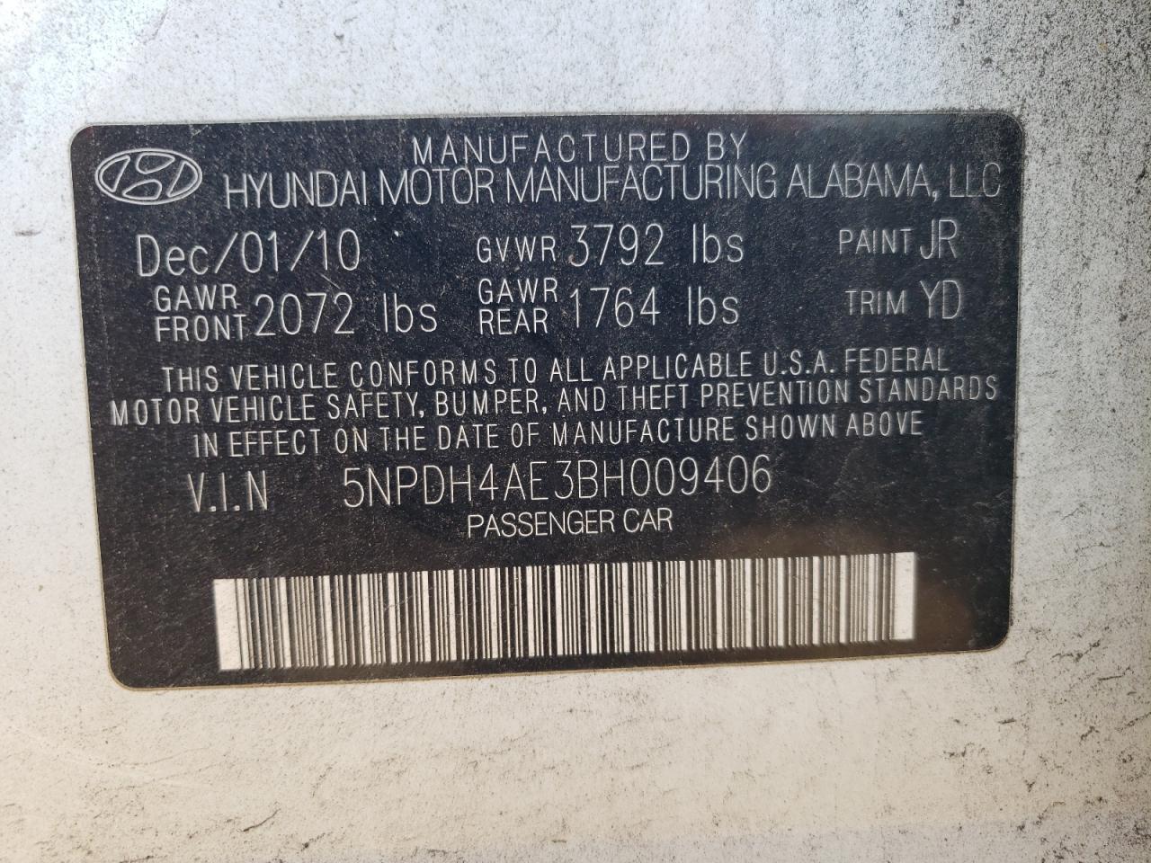 2011 Hyundai Elantra Gls VIN: 5NPDH4AE3BH009406 Lot: 81366665