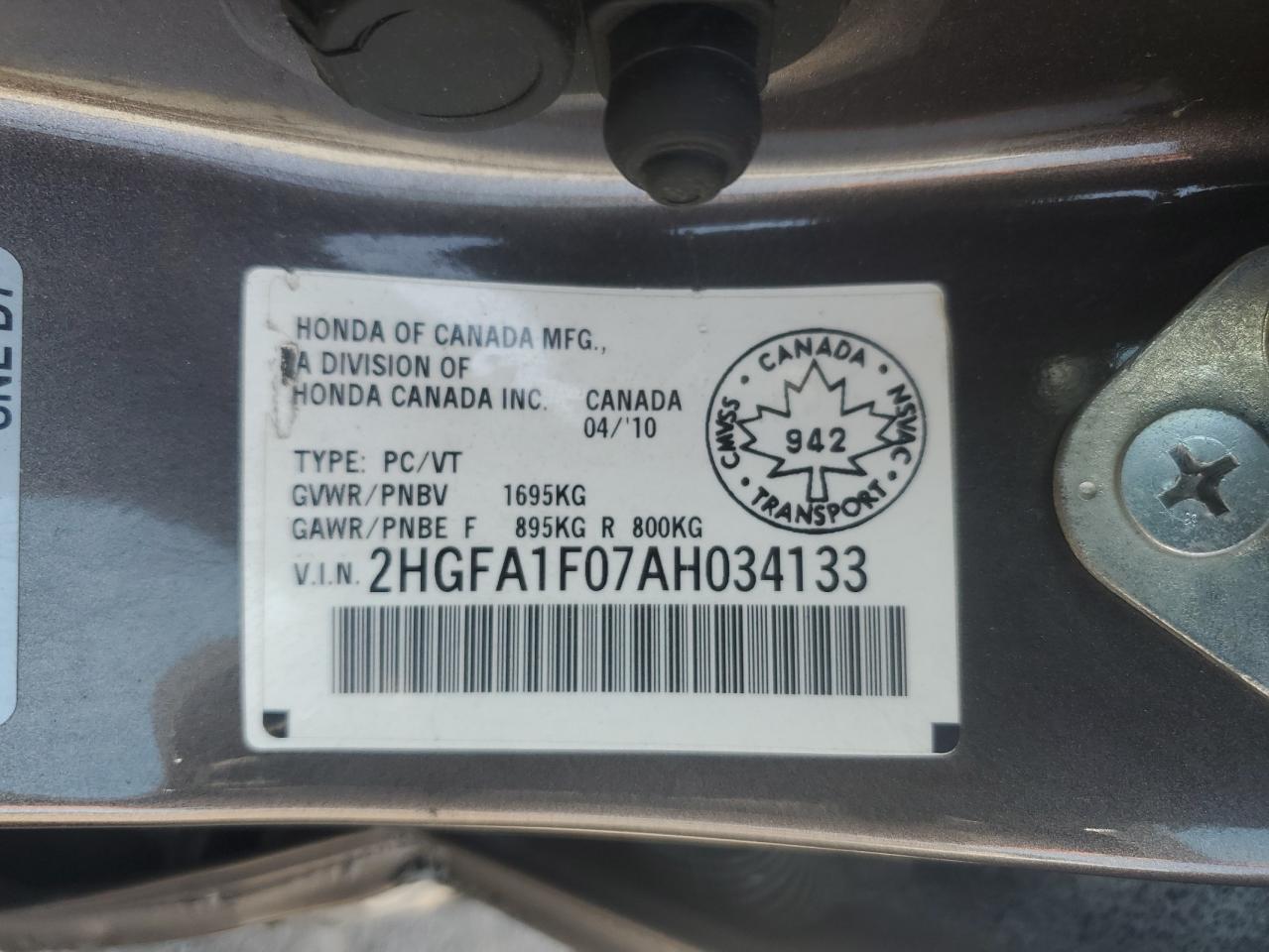 2010 Honda Civic Exl VIN: 2HGFA1F07AH034133 Lot: 69770835