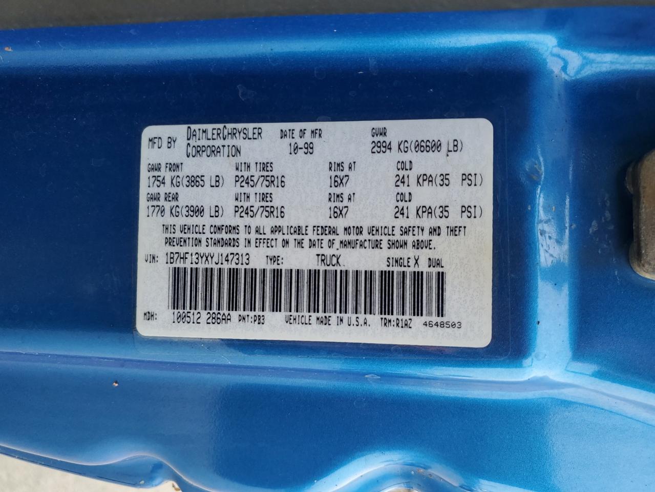 2000 Dodge Ram 1500 VIN: 1B7HF13YXYJ147313 Lot: 84418125