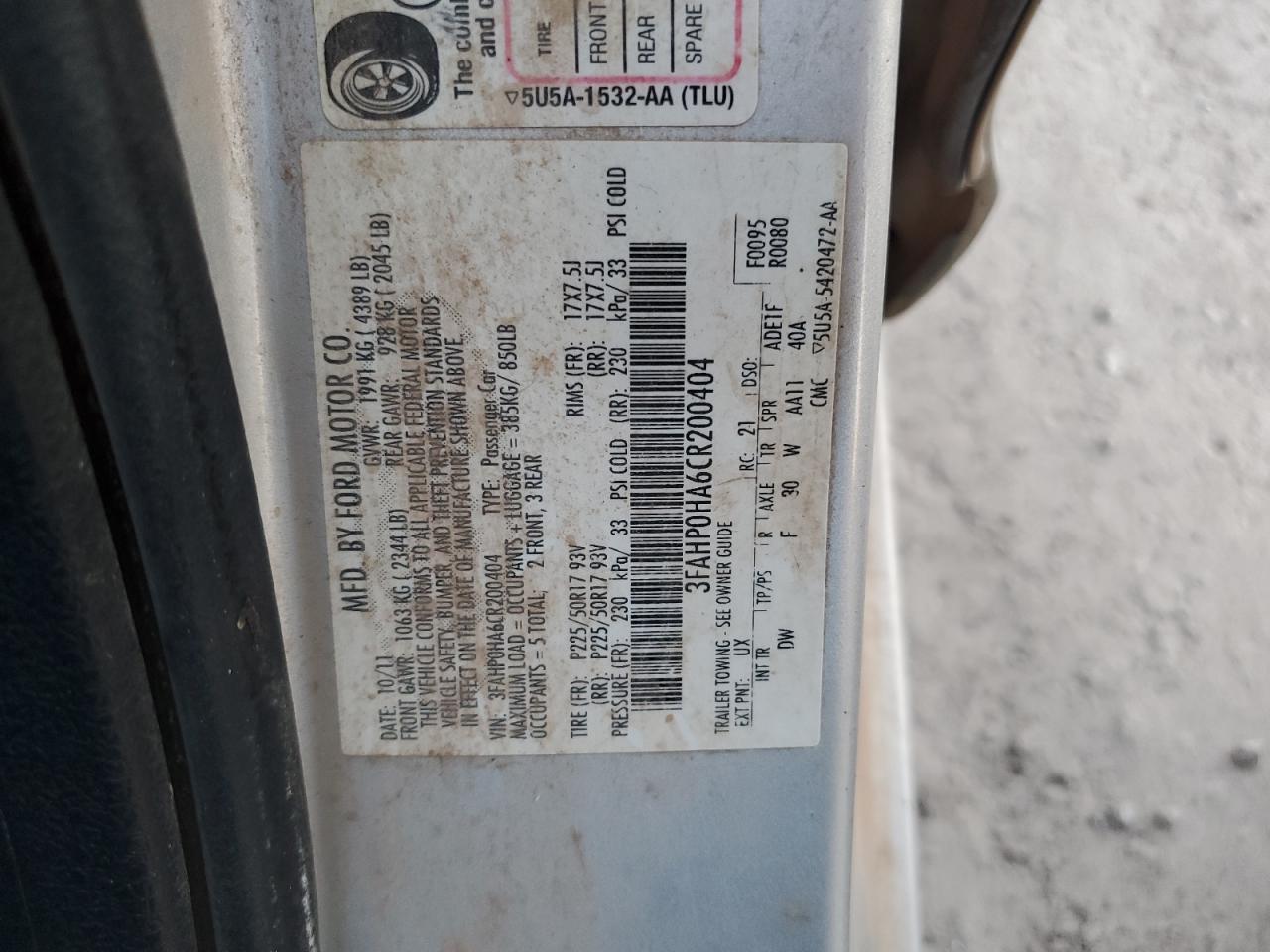 2012 Ford Fusion Se VIN: 3FAHP0HA6CR200404 Lot: 71670605