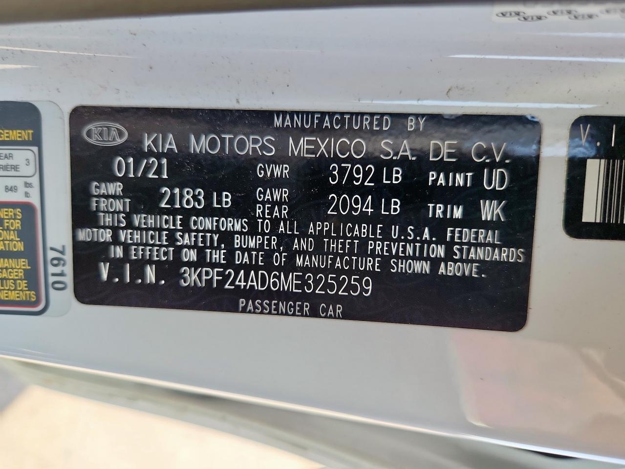 2021 Kia Forte Fe VIN: 3KPF24AD6ME325259 Lot: 82085975