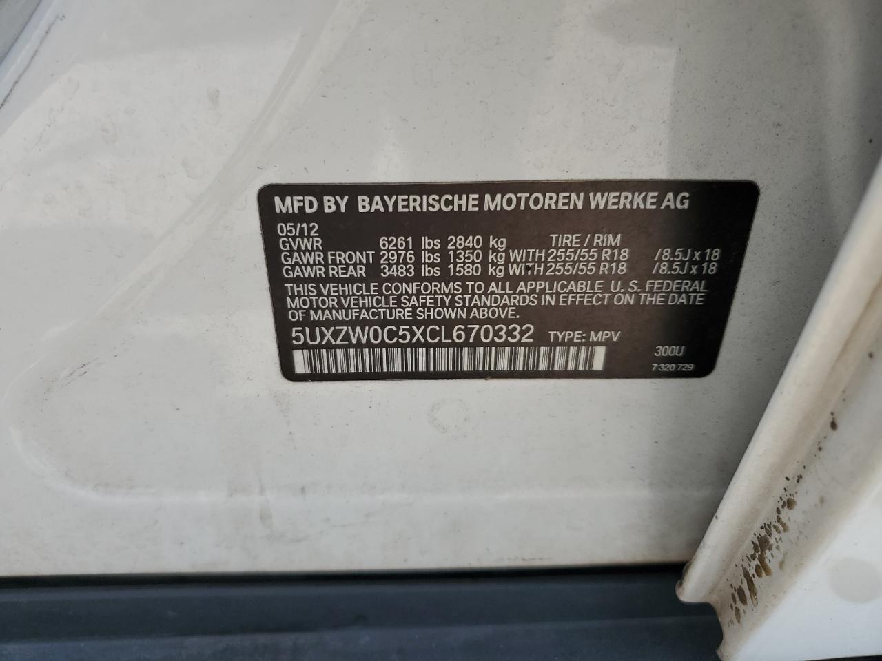 2012 BMW X5 xDrive35D VIN: 5UXZW0C5XCL670332 Lot: 71524765