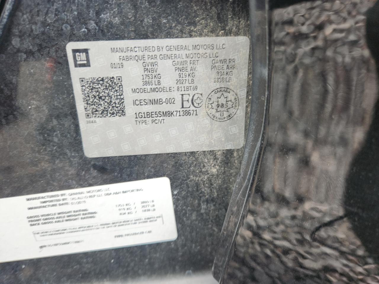 2019 Chevrolet Cruze Lt VIN: 1G1BE5SM8K7138671 Lot: 81685005