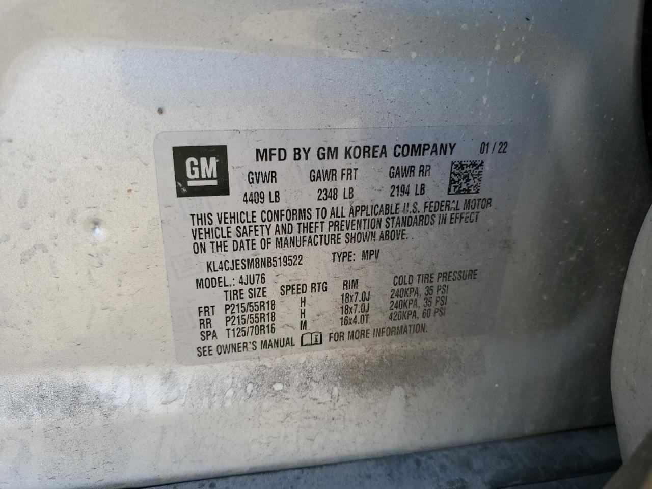 2022 Buick Encore Preferred VIN: KL4CJESM8NB519522 Lot: 84427945