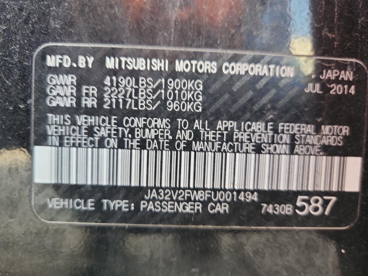 2015 Mitsubishi Lancer Se VIN: JA32V2FW8FU001494 Lot: 70476555