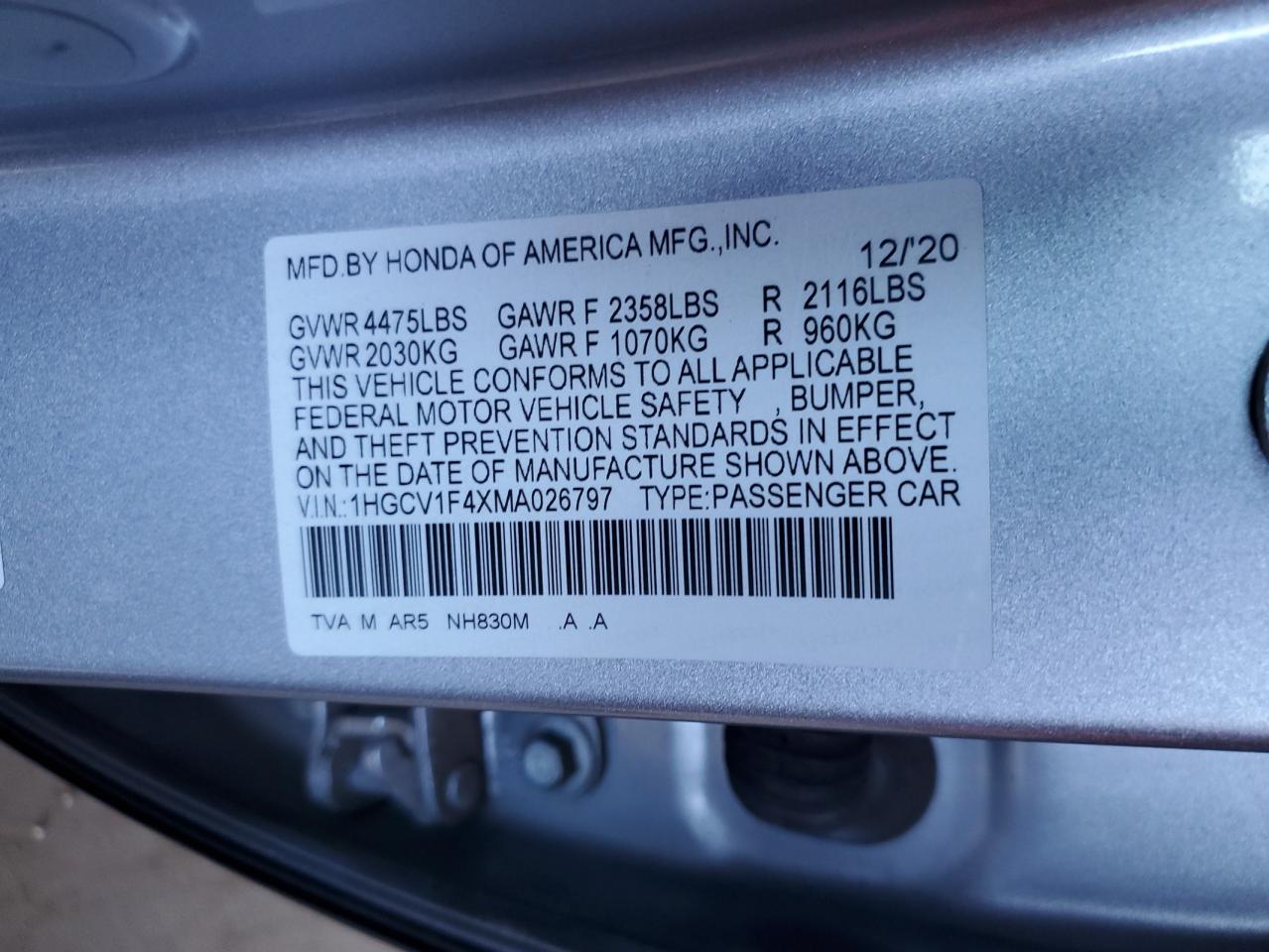 2021 Honda Accord Sport Se VIN: 1HGCV1F4XMA026797 Lot: 80908215