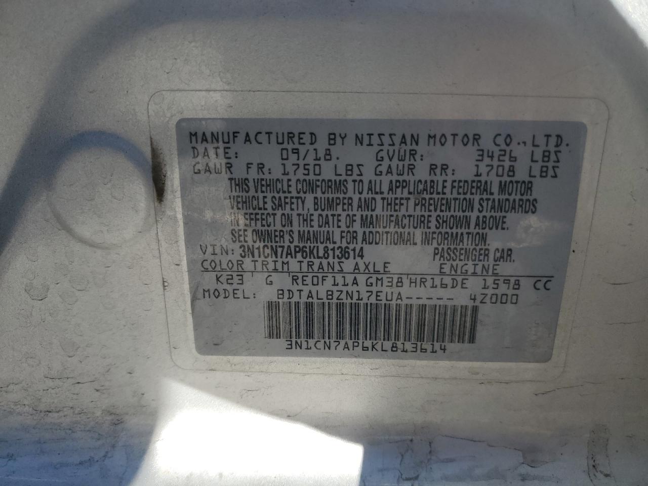 2019 Nissan Versa S VIN: 3N1CN7AP6KL813614 Lot: 84397295