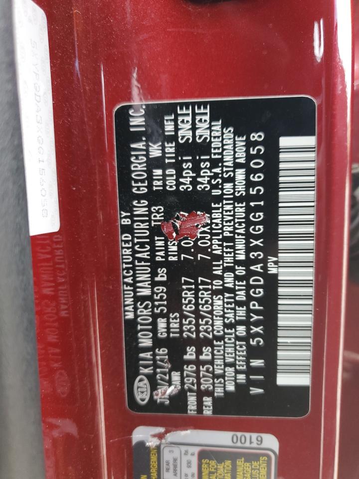 2016 Kia Sorento Lx VIN: 5XYPGDA3XGG156058 Lot: 84213575