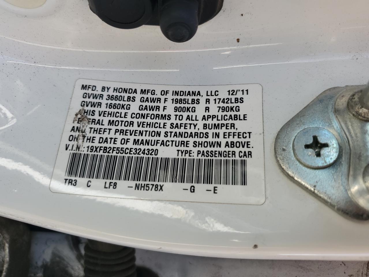 2012 Honda Civic Lx VIN: 19XFB2F55CE324320 Lot: 80390175