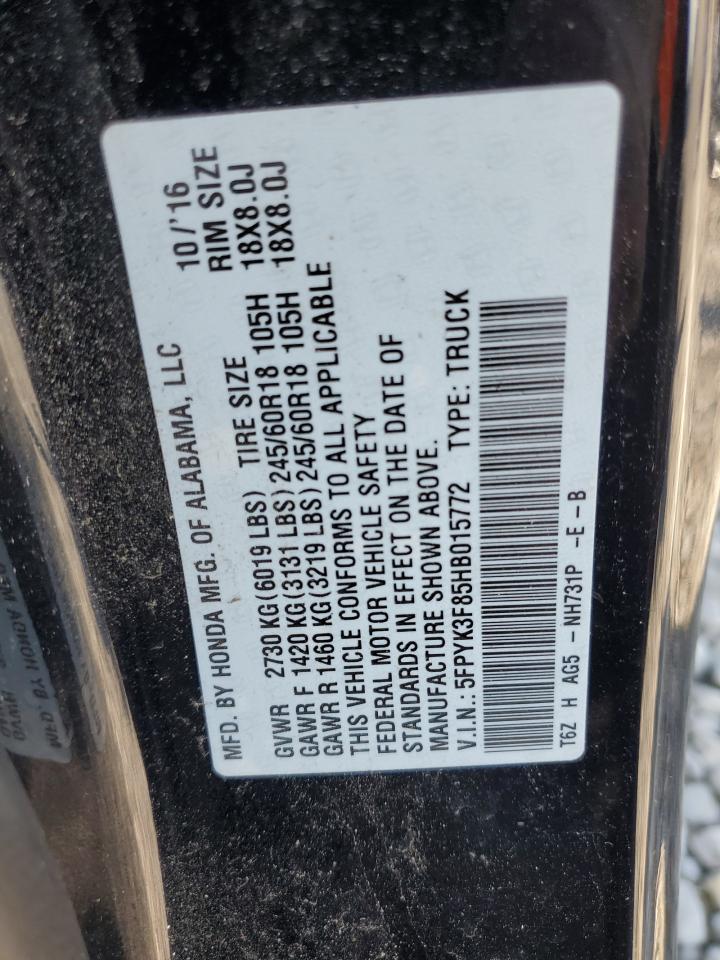 2017 Honda Ridgeline Black Edition VIN: 5FPYK3F85HB015772 Lot: 81445695