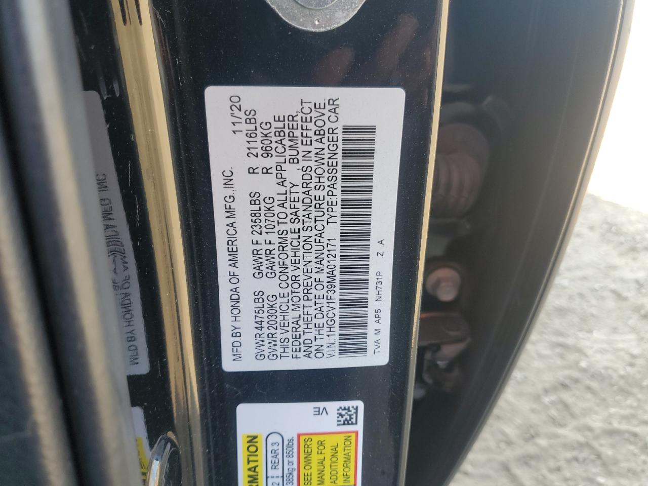 2021 Honda Accord Sport VIN: 1HGCV1F39MA012171 Lot: 80118065