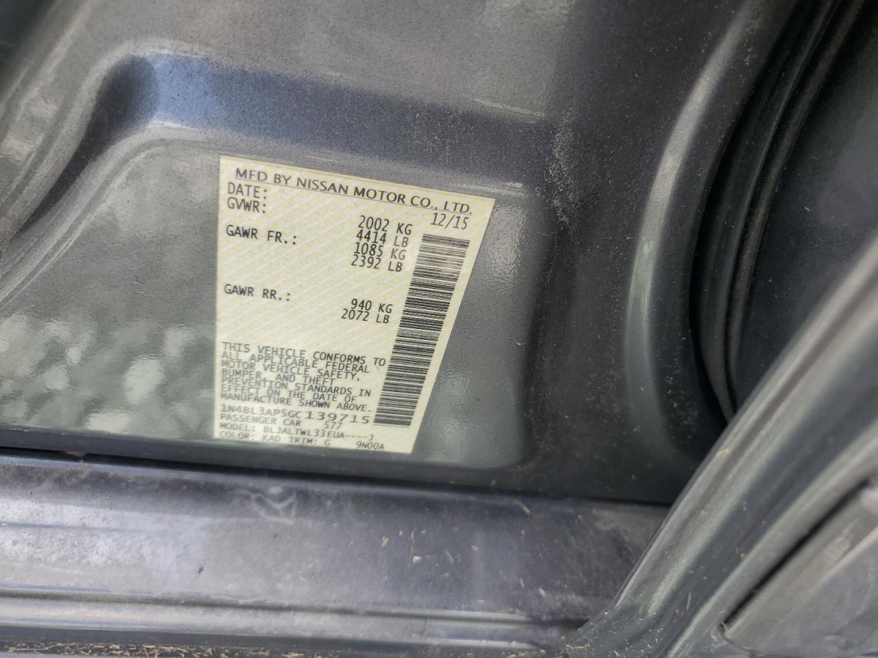 2016 Nissan Altima 3.5Sl VIN: 1N4BL3AP5GC139715 Lot: 71965395