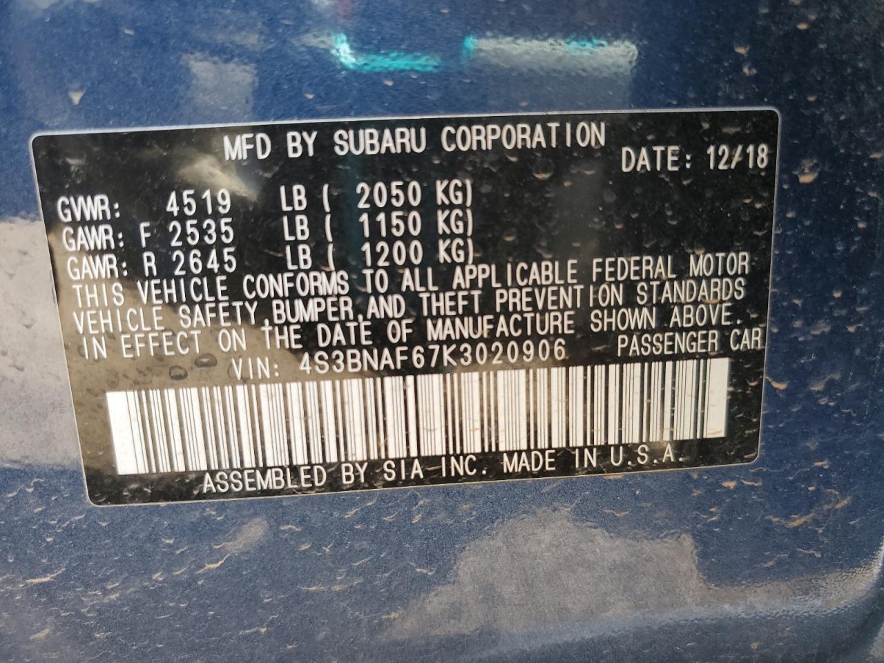 2019 Subaru Legacy 2.5I Premium VIN: 4S3BNAF67K3020906 Lot: 82032975