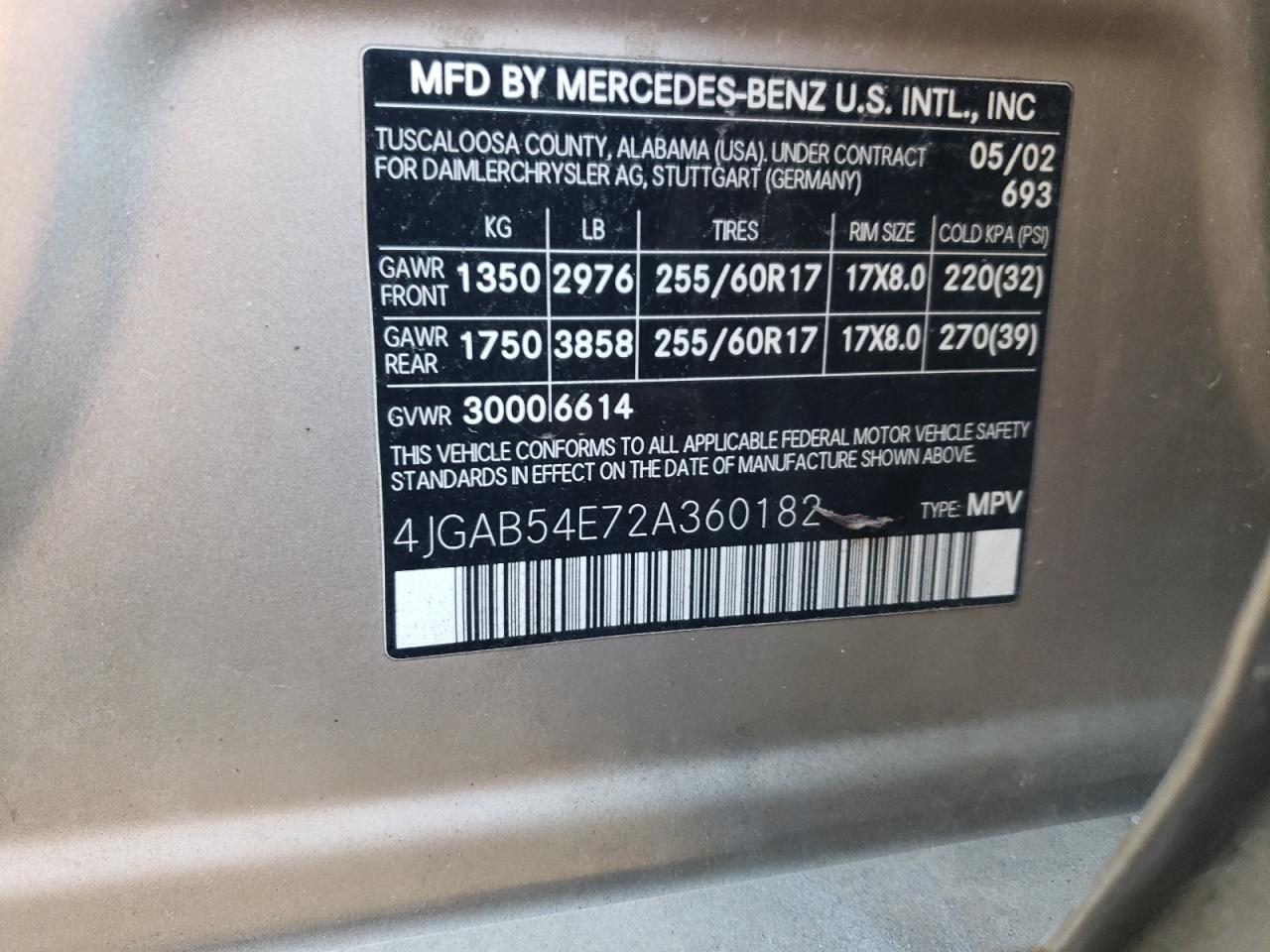 2002 Mercedes-Benz Ml 320 VIN: 4JGAB54E72A360182 Lot: 80727735