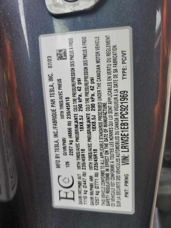2023 Tesla Model 3 VIN: LRW3E1EB1PC921969 Lot: 81639915