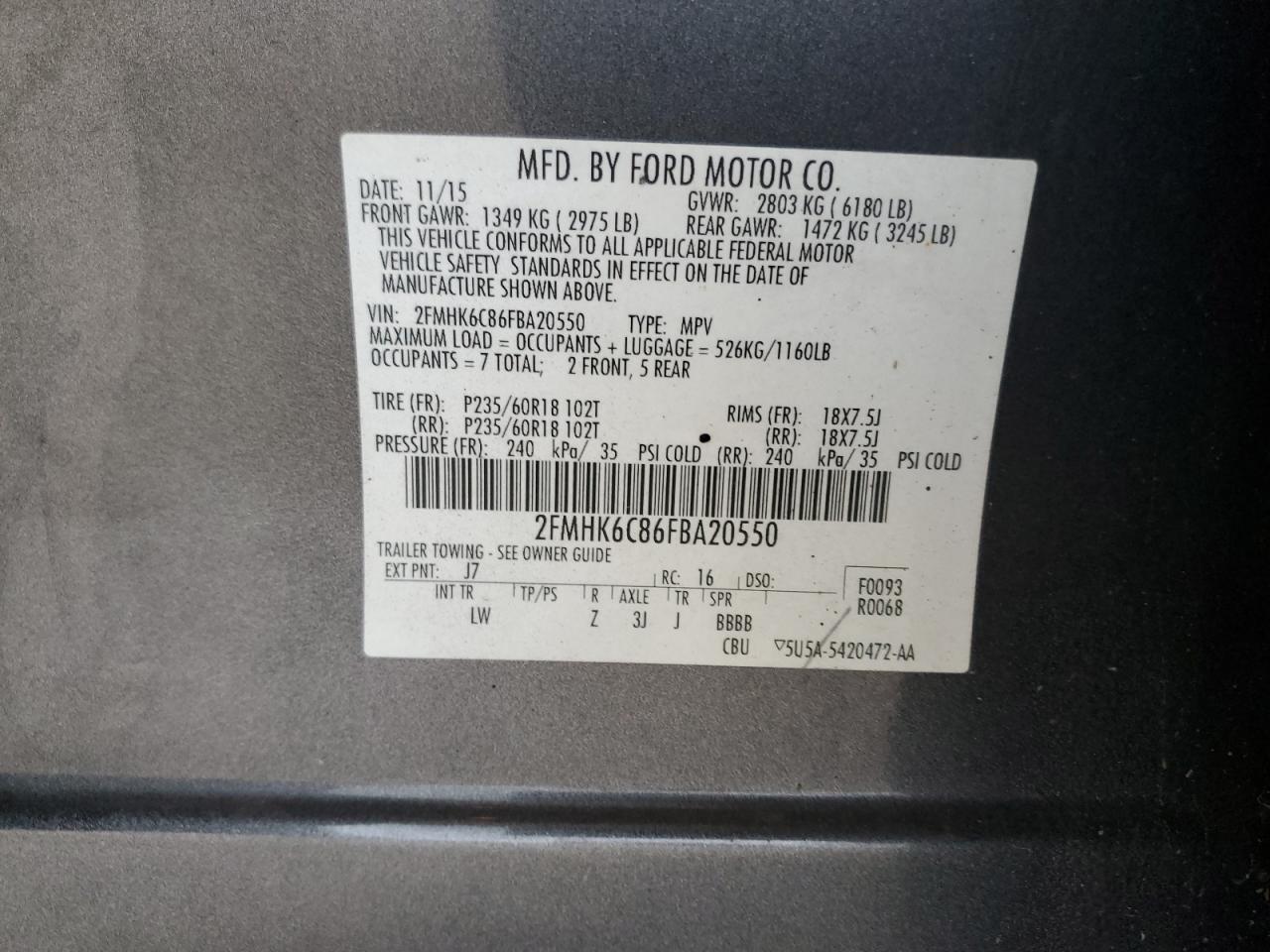 2015 Ford Flex Sel VIN: 2FMHK6C86FBA20550 Lot: 70916145