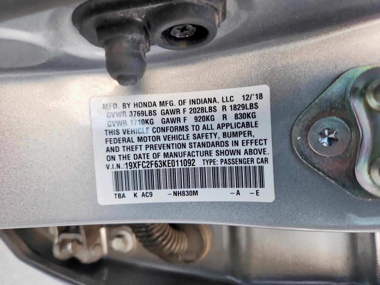 2019 Honda Civic Lx VIN: 19XFC2F63KE011092 Lot: 84297225