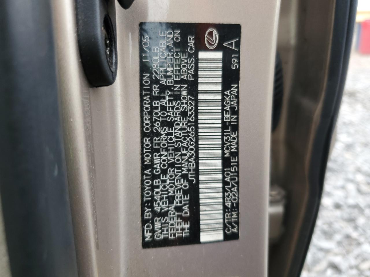 2006 Lexus Es 330 VIN: JTHBA30G265163327 Lot: 82083105