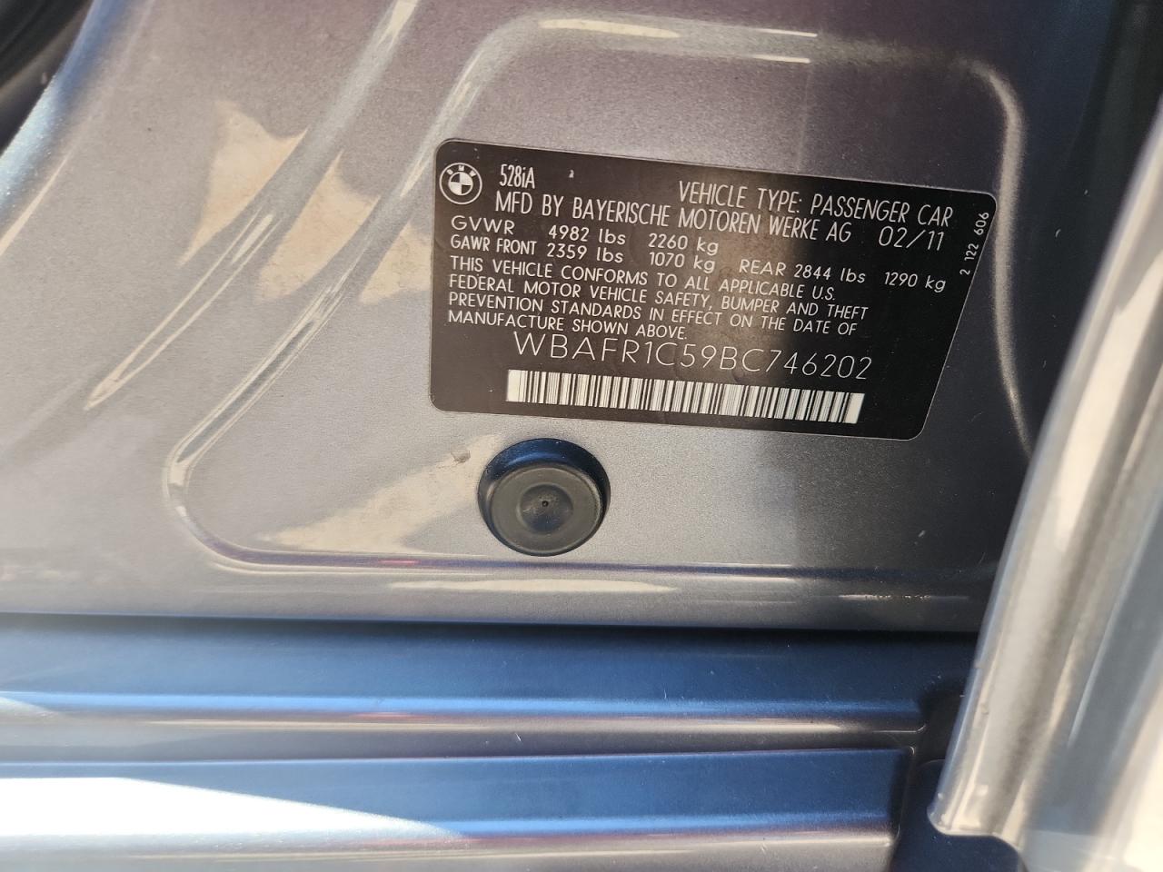 2011 BMW 528 I VIN: WBAFR1C59BC746202 Lot: 80118715