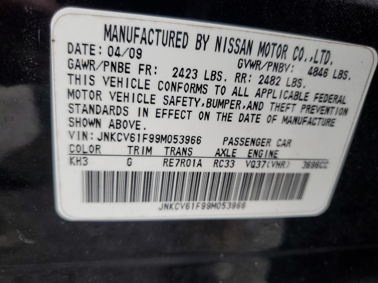 2009 Infiniti G37 VIN: JNKCV61F99M053966 Lot: 81044865