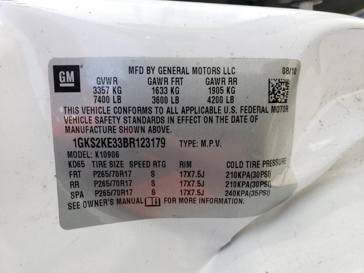 2011 GMC Yukon Xl K1500 Slt VIN: 1GKS2KE33BR123179 Lot: 63833005