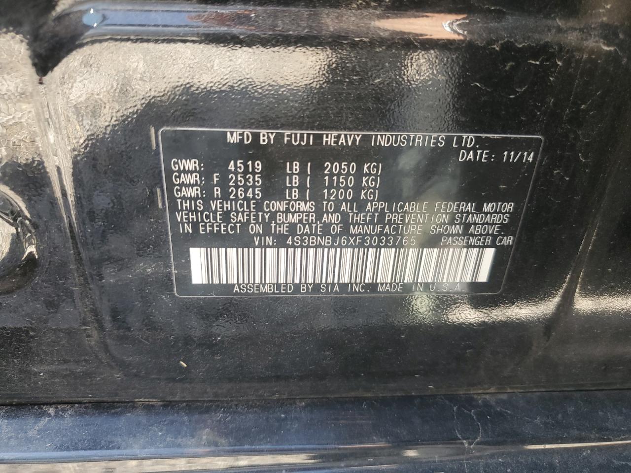 2015 Subaru Legacy 2.5I Limited VIN: 4S3BNBJ6XF3033765 Lot: 83867245