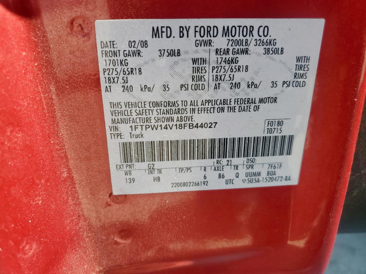 2008 Ford F150 Supercrew VIN: 1FTPW14V18FB44027 Lot: 71694655