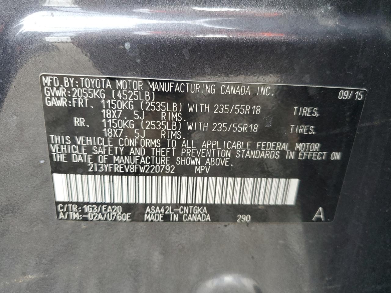 2015 Toyota Rav4 Limited VIN: 2T3YFREV8FW220792 Lot: 81324565