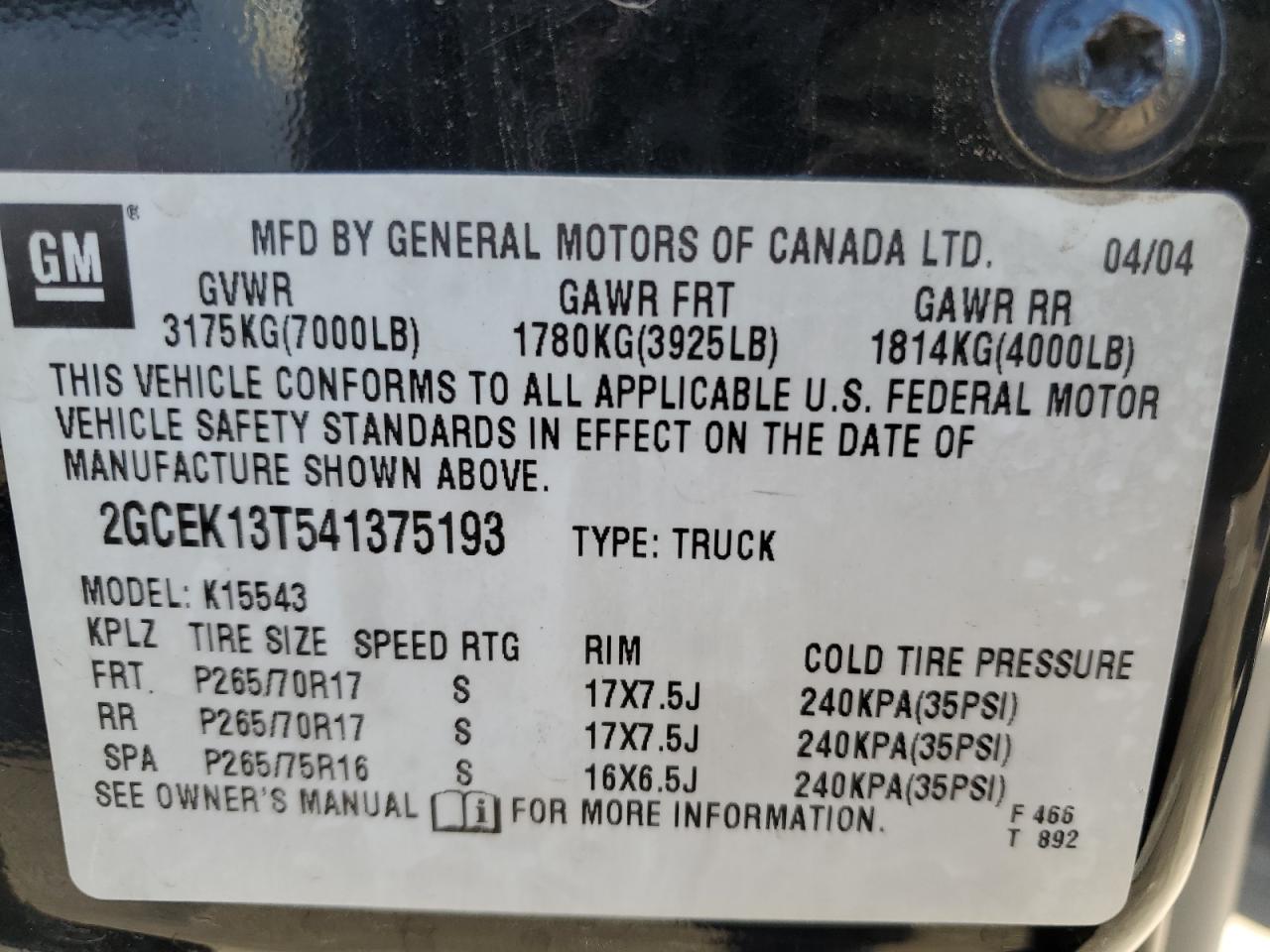 2004 Chevrolet Silverado K1500 VIN: 2GCEK13T541375193 Lot: 84419685