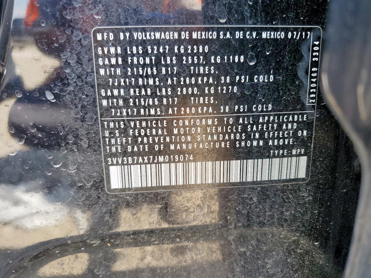 2018 Volkswagen Tiguan Se VIN: 3VV3B7AX7JM019074 Lot: 80544685