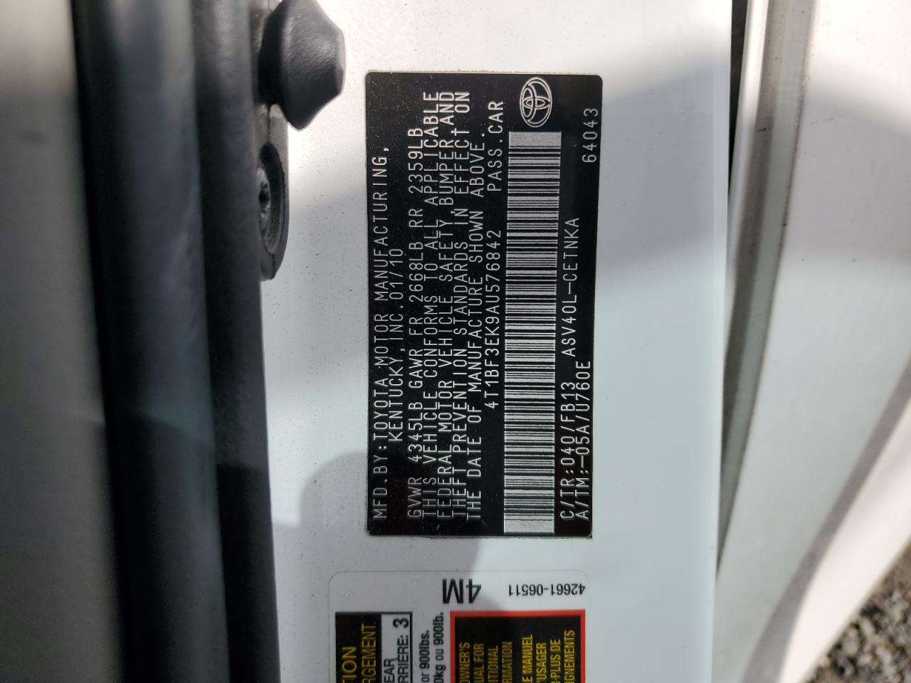 2010 Toyota Camry Base VIN: 4T1BF3EK9AU576842 Lot: 81713235