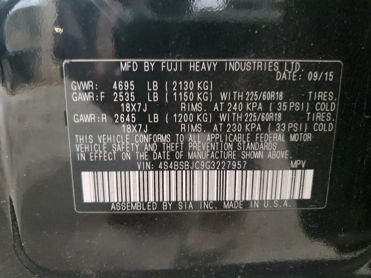 2016 Subaru Outback 2.5I Limited VIN: 4S4BSBJC9G3227957 Lot: 71404765