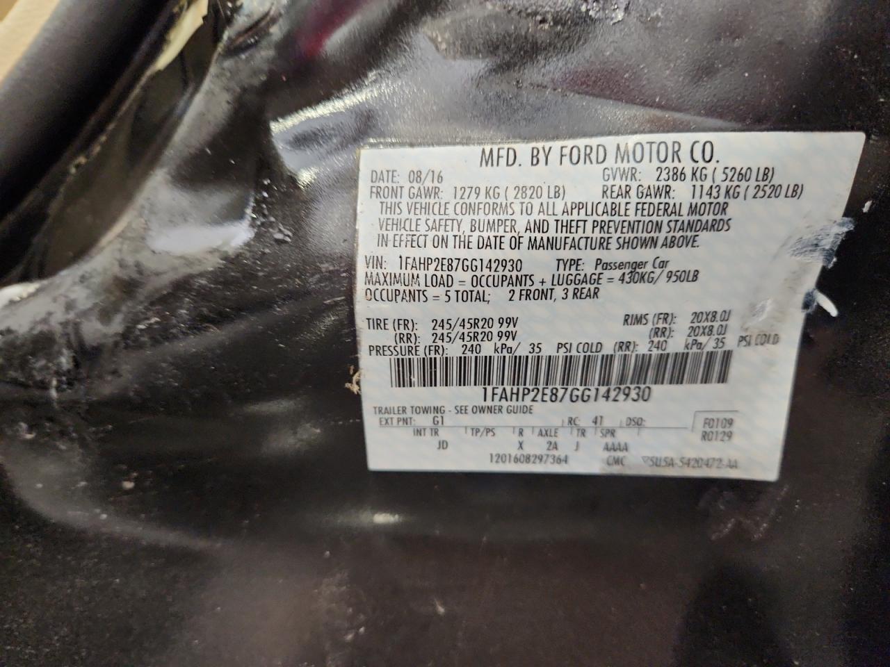 2016 Ford Taurus Sel VIN: 1FAHP2E87GG142930 Lot: 71701685