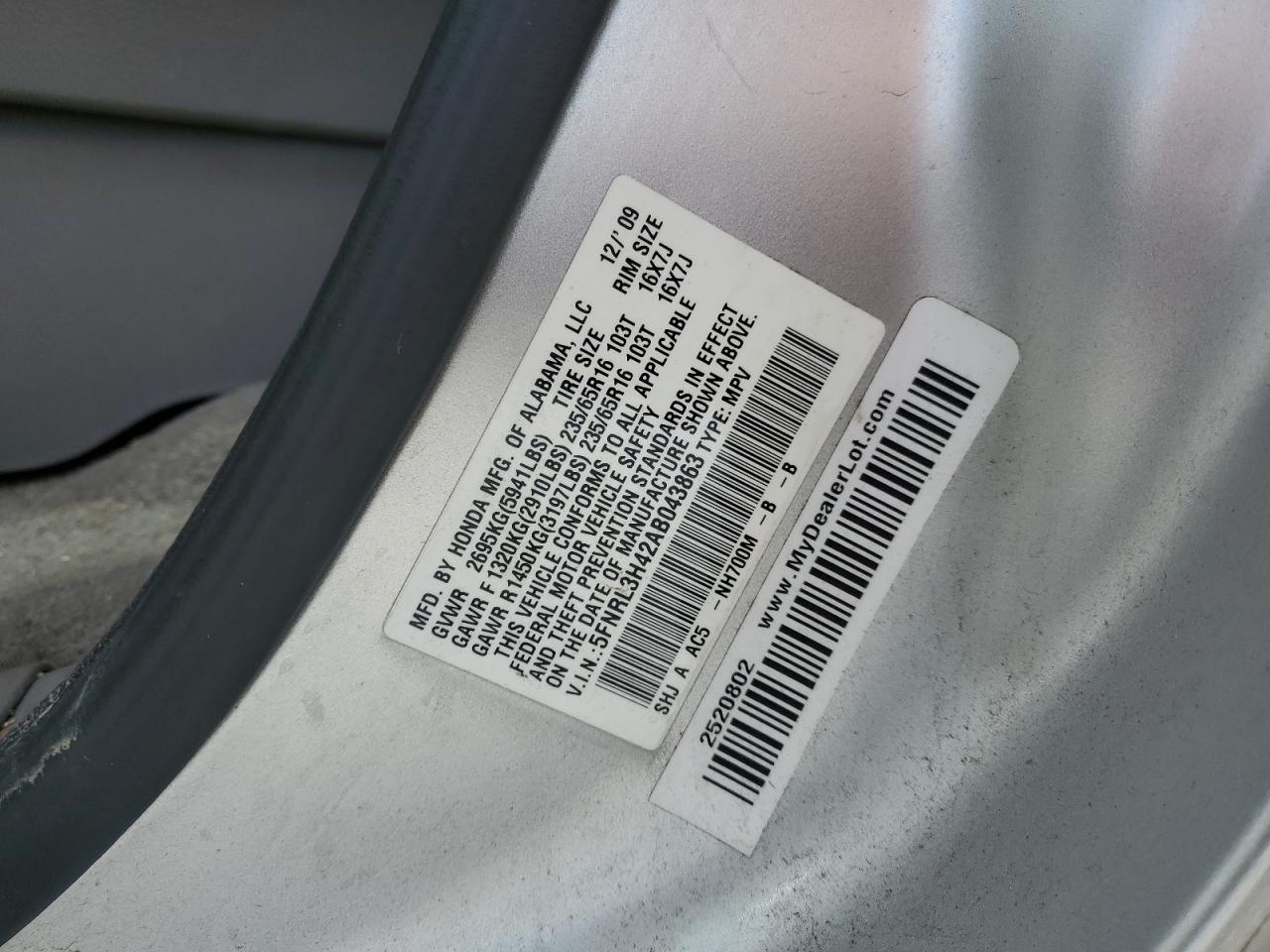 2010 Honda Odyssey Ex VIN: 5FNRL3H42AB043863 Lot: 71588935