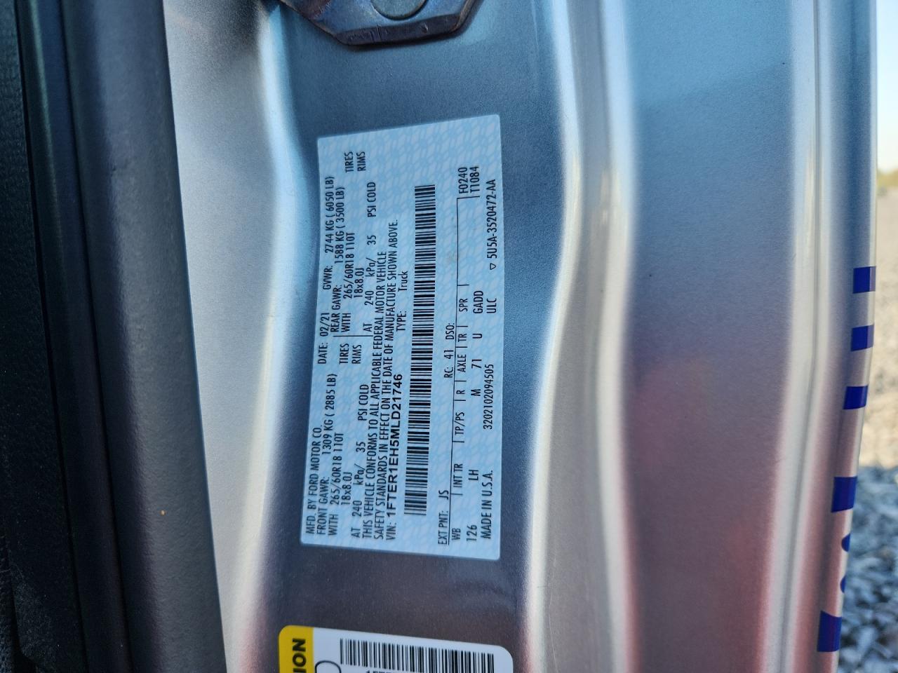 2021 Ford Ranger Xl VIN: 1FTER1EH5MLD21746 Lot: 80910465