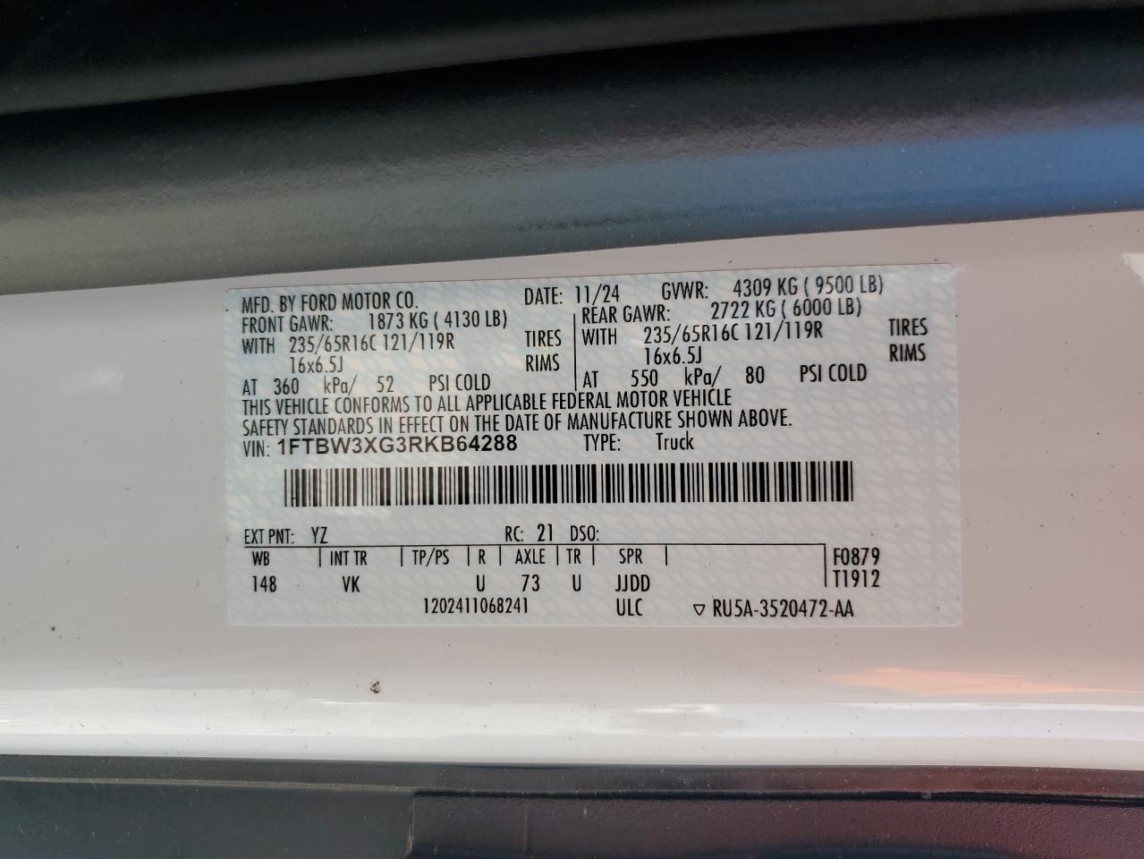 2024 Ford Transit T-350 VIN: 1FTBW3XG3RKB64288 Lot: 71999655