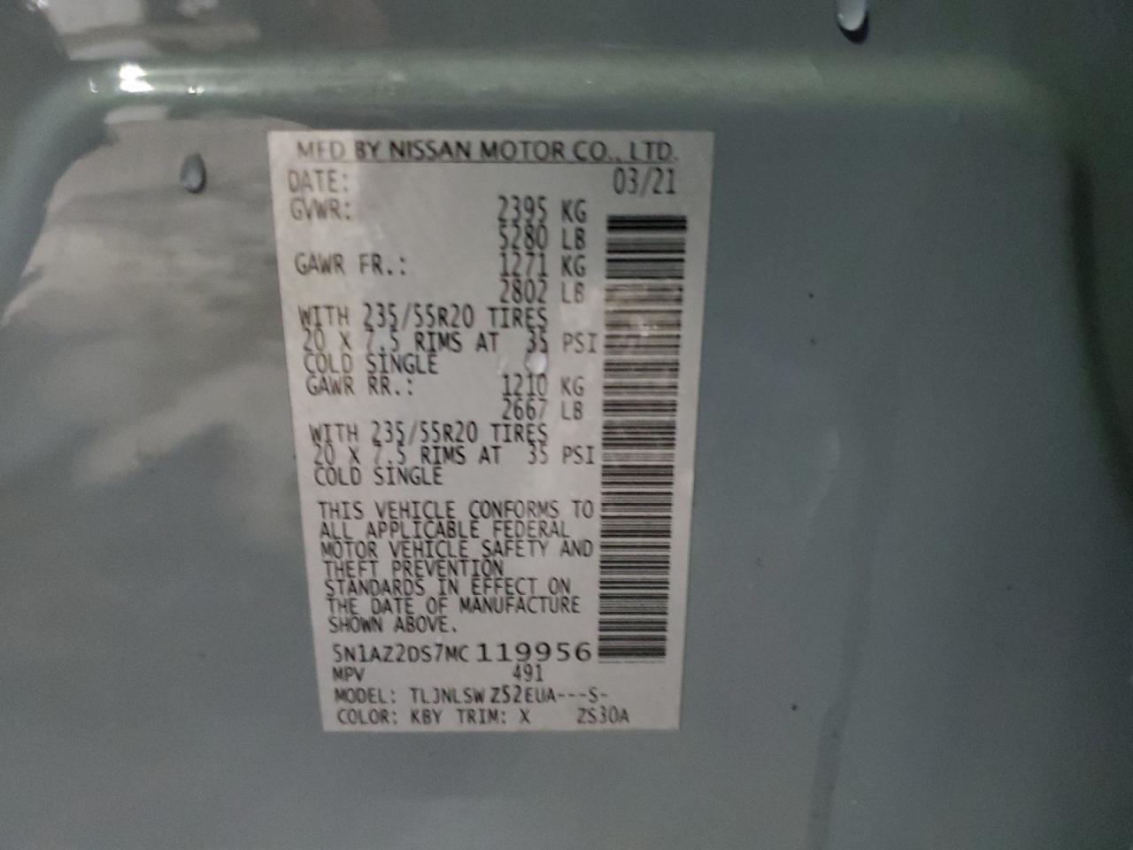 2021 Nissan Murano Platinum VIN: 5N1AZ2DS7MC119956 Lot: 83830355