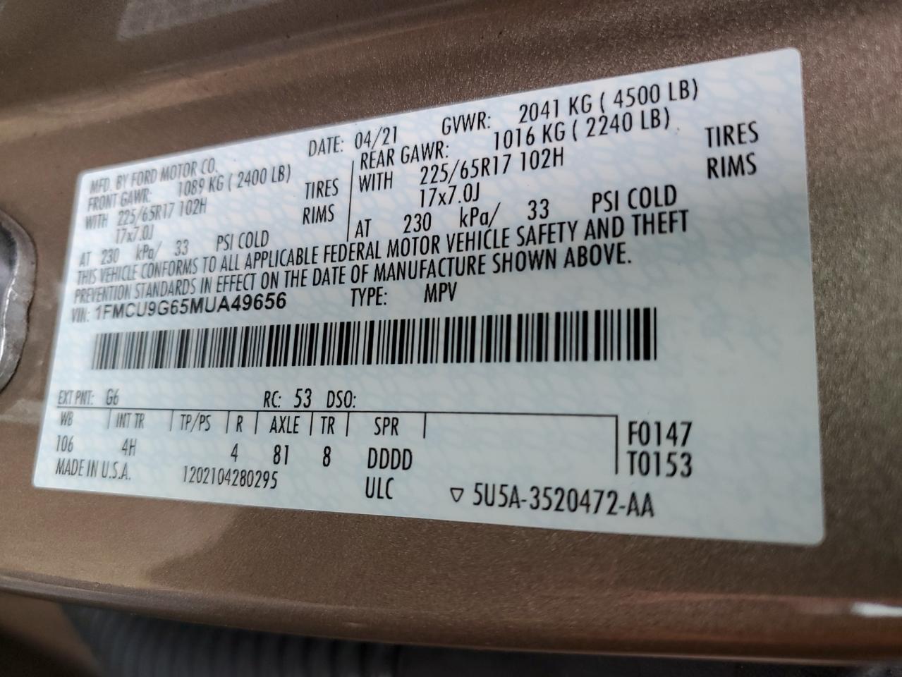 2021 Ford Escape Se VIN: 1FMCU9G65MUA49656 Lot: 80394215