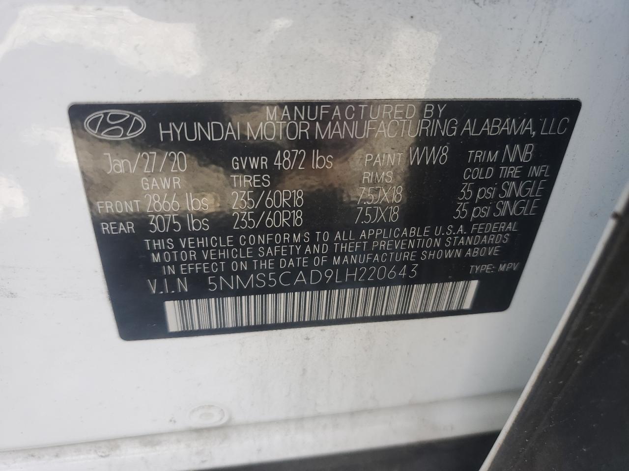 2020 Hyundai Santa Fe Limited VIN: 5NMS5CAD9LH220643 Lot: 80374125