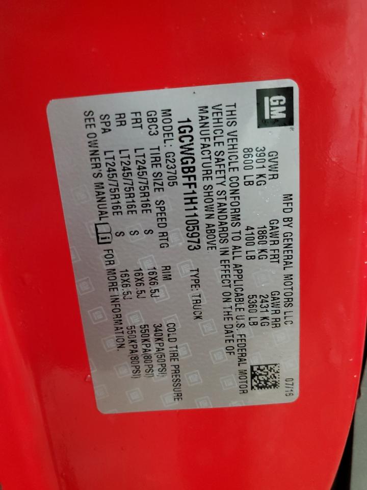 2017 Chevrolet Express G2500 VIN: 1GCWGBFF1H1105973 Lot: 71710885